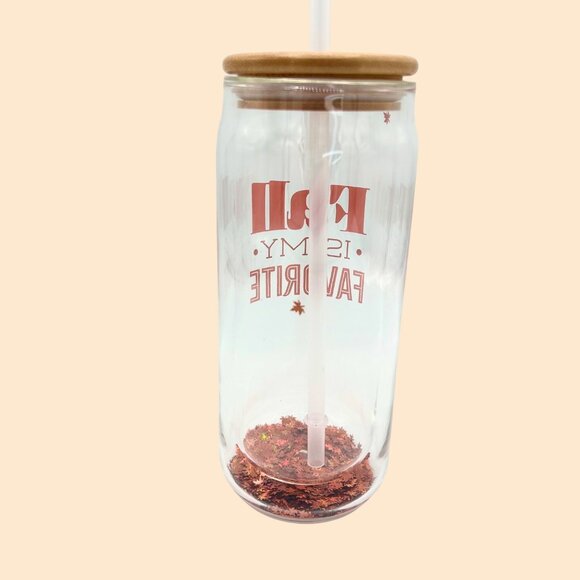 NEW FALL IS MY FAVORITE DBL GLASS TUMBLER CONFETTI LEAVES BAMBOO LID & STRAW - Picture 4 of 7